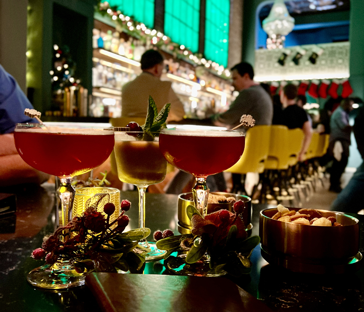 Cocktails waiting on the bar at 9 West University Avenue